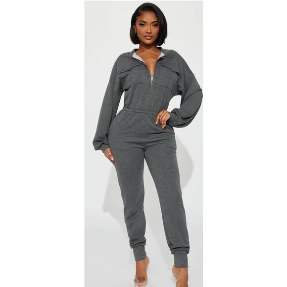 Fashion Nova “Losing Sleep” French Terry Jumpsuit Charcoal Size Large NWT - Picture 1 of 2